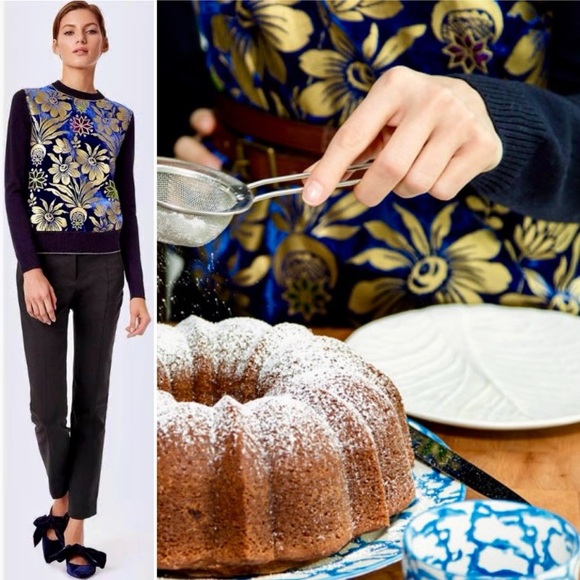 Tory Burch Hollis Cosmic Floral Velvet Foiled Gold Metallic Sweater Navy Blue S - Picture 11 of 12